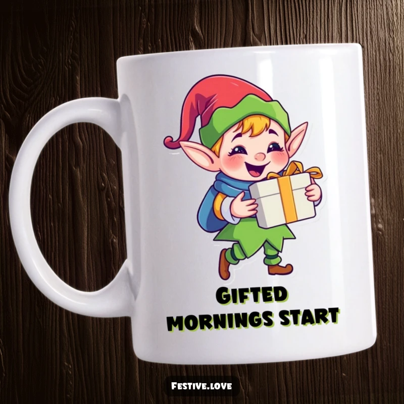 Funny jolly elf mug featuring a happy cartoon elf character delivering a gift with a big grin, embodying holiday cheer.