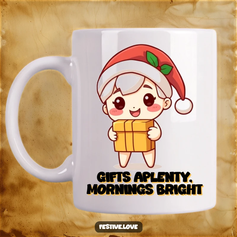 Funny Santa character mug, happily delivering a gift box with a big smile under a Santa hat, ideal for holiday cheer.