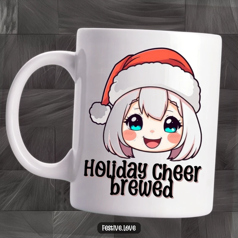 Funny Mug: A Santa hat character cheerfully bobbing with festive holiday spirit and a jolly demeanor.