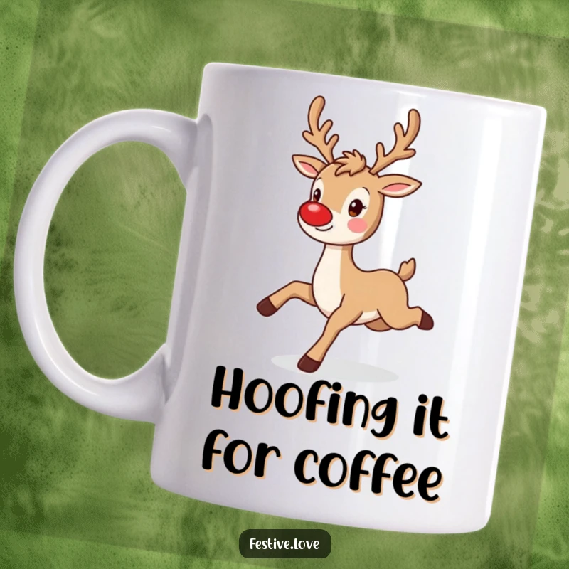 Funny reindeer mug featuring a playful character prancing with a bright, twinkling red nose, perfect for holiday cheer.