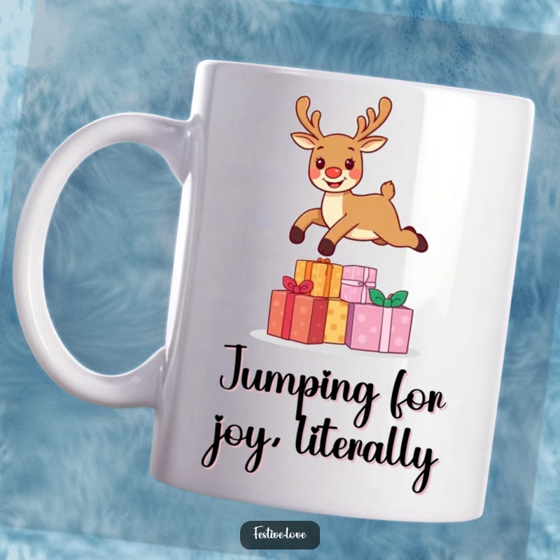 Funny mug featuring a cheerful reindeer character joyfully leaping high over a stack of brightly wrapped presents, embodying holiday excitement.