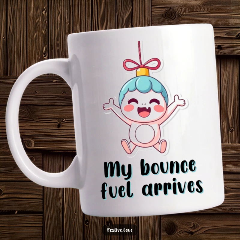 Funny Mug: A kawaii ornament character is shown bouncing with pure excitement, radiating joy and festive energy for a delightful gift.