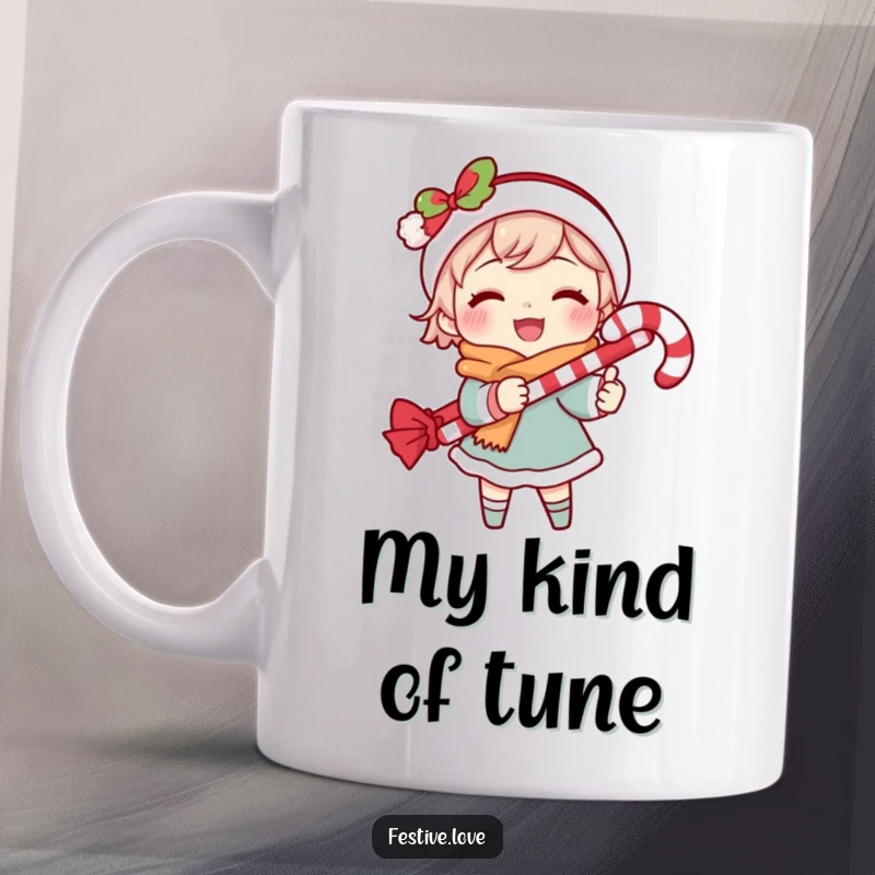 Funny mug featuring a cheerful character joyfully singing carols while holding a sweet candy cane, spreading holiday cheer.