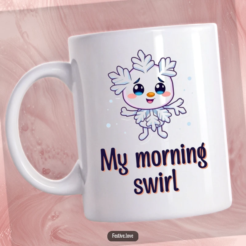 Funny snowflake character mug creating a tiny, playful swirl, embodying winter mischief and frosty enchantment. Charming and cold.