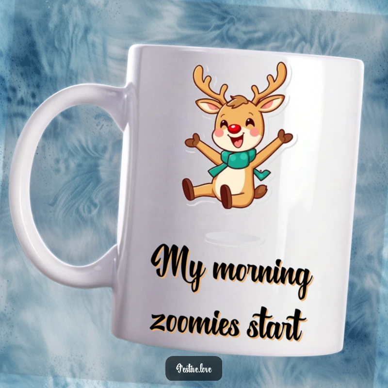 Funny mug featuring a cheerful cartoon reindeer mid-leap, radiating pure joy and holiday spirit.