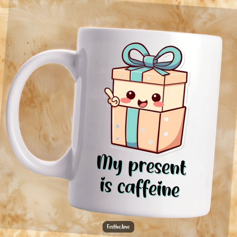 Funny Mug: A gift box character excitedly showing a happy exclamation point, embodying surprise.