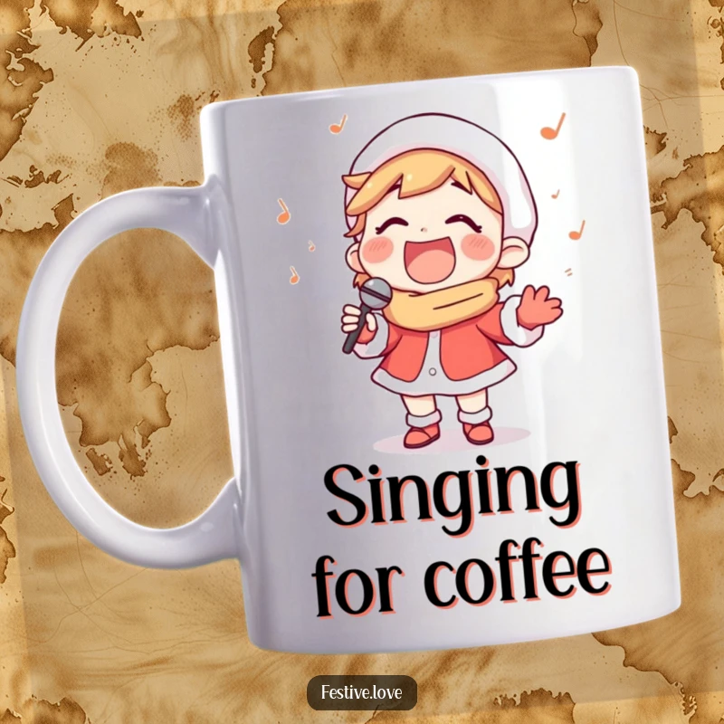 Funny mug featuring a happy carol singer character belting out a song with a wide, joyful smile, radiating festive cheer.