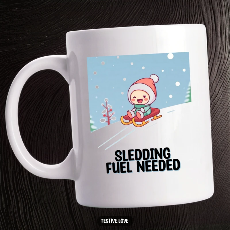 Funny Christmas mug showing a happy character gleefully sliding down a snow-covered hill on a festive sled, capturing pure winter joy.