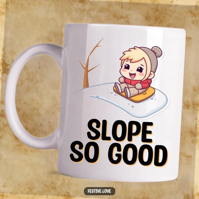Funny mug showing a joyful character with a huge grin sledding down a steep, snowy hill, capturing the pure fun of winter.