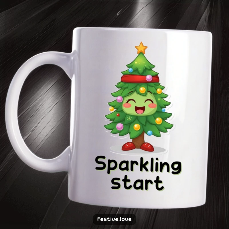 Funny Christmas tree mug, sparkling with joy, adorned with festive decorations and radiating happiness.
