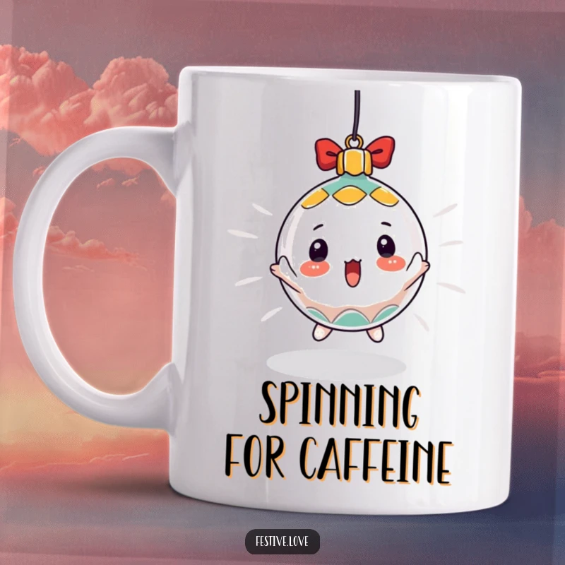 Funny mug featuring a surprised Christmas ornament character spinning rapidly, capturing the dizzying excitement of the holidays.