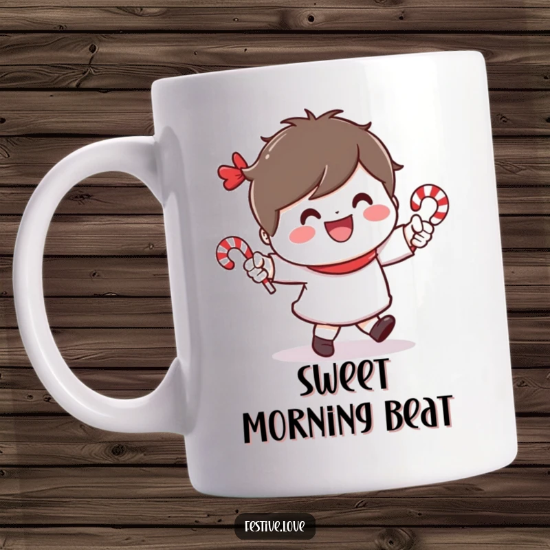 Funny mug with a cheerful character dancing with tiny candy canes, a wide smile on its face, perfect for holiday fun.