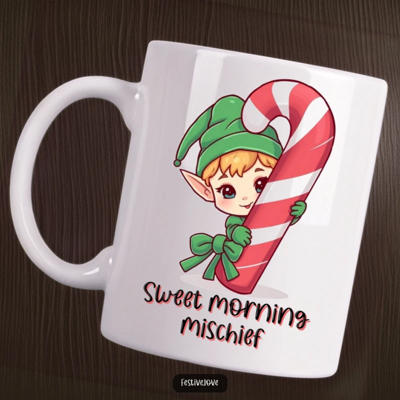Funny mug showing a mischievous elf character peeking out with a playful grin from behind a huge candy cane.