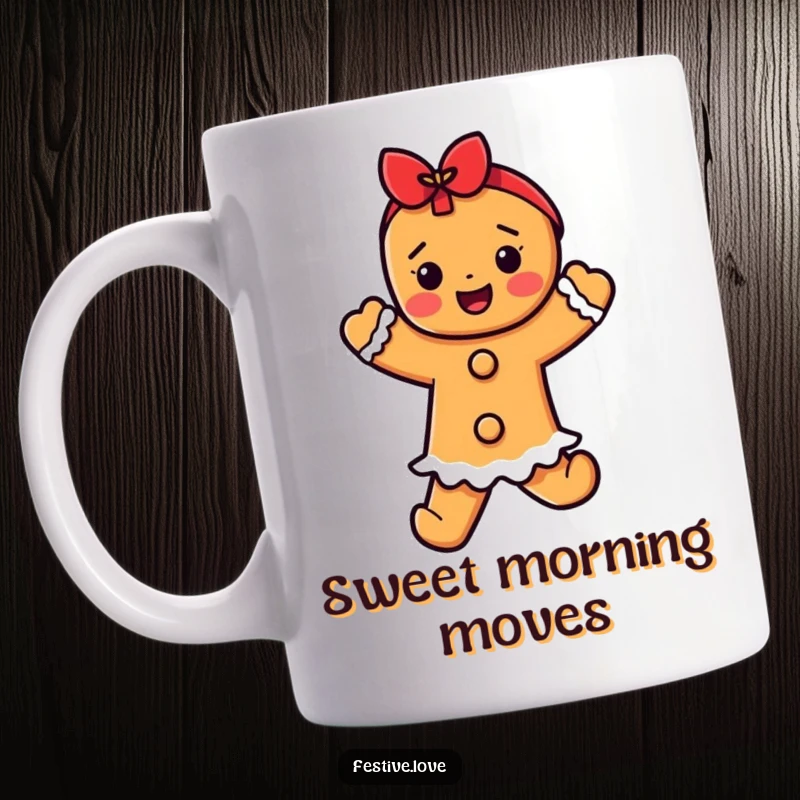 Funny gingerbread person mug, caught mid-jolly dance, radiating pure holiday happiness and festive energy.