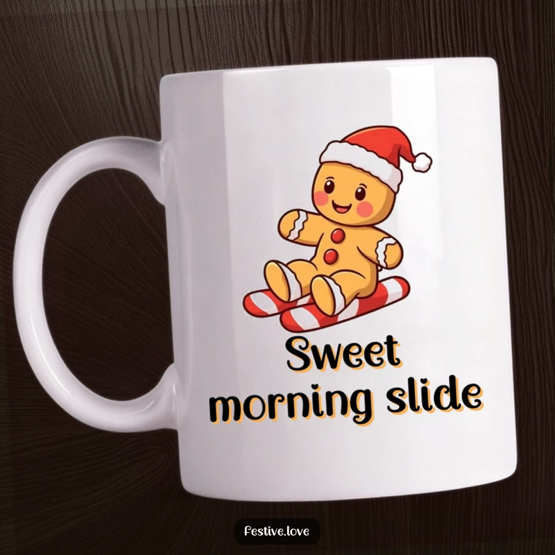 Funny gingerbread man mug featuring a happy cookie sliding down a candy cane, spreading Christmas cheer.