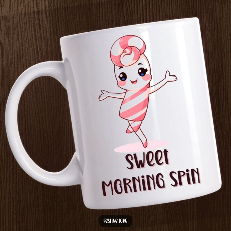 Funny kawaii candy cane character doing a playful pirouette, sweet and cheerful design for holiday lovers.
