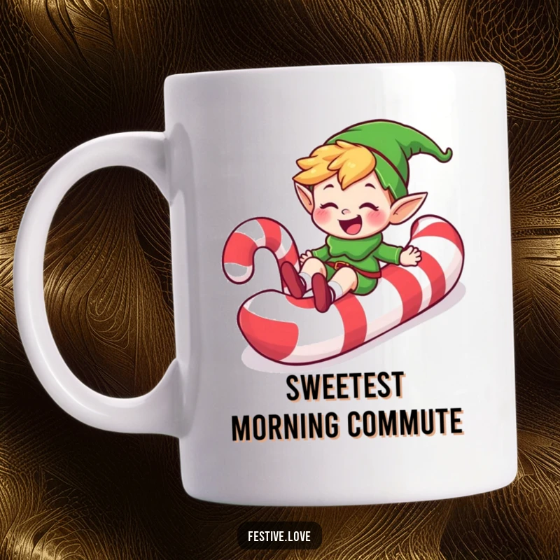 Funny happy elf character grinning widely while sliding down a giant candy cane, depicted on a mug, a humorous sweet gift.