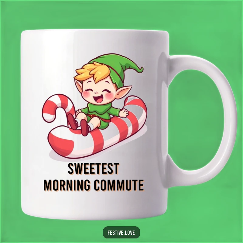 Funny Elf Candy Cane Slide Mug: Hilarious Grinning Adventure Gift for Sweetness!