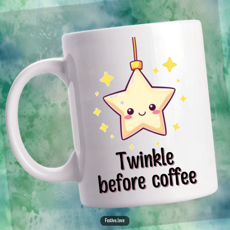 Funny Mug: A kawaii star ornament is shown happily twinkling and spinning with radiant energy.