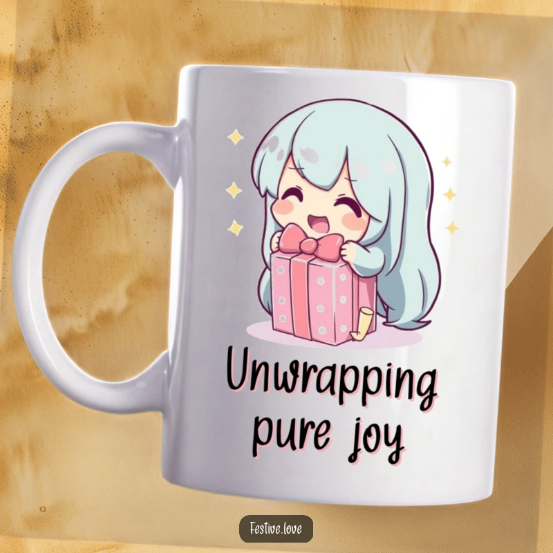 Funny mug featuring a character gleefully unwrapping a sparkling gift, symbolizing excitement and the joy of presents.