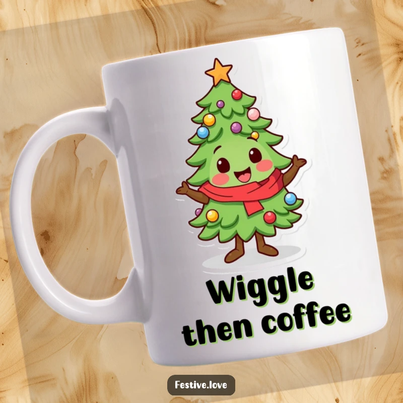 Funny Mug: A kawaii Christmas tree character performs a cheerful, festive wiggle, embodying the joy of the holidays.