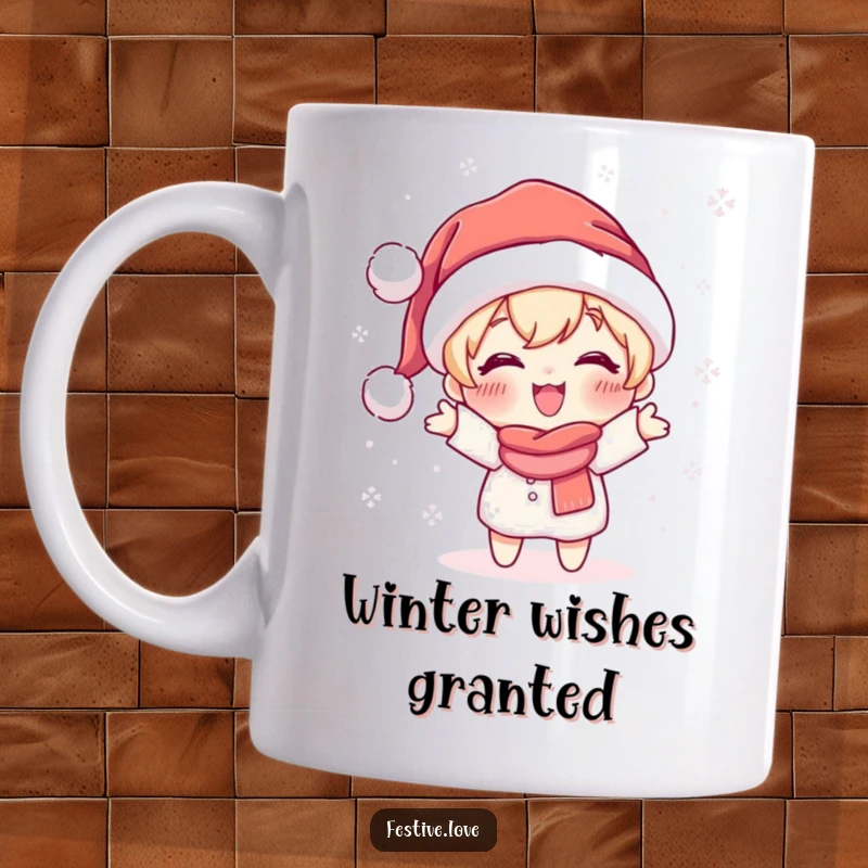 Funny mug with a cute character in a Santa hat joyfully throwing sparkling snowflakes, perfect for winter gifting.
