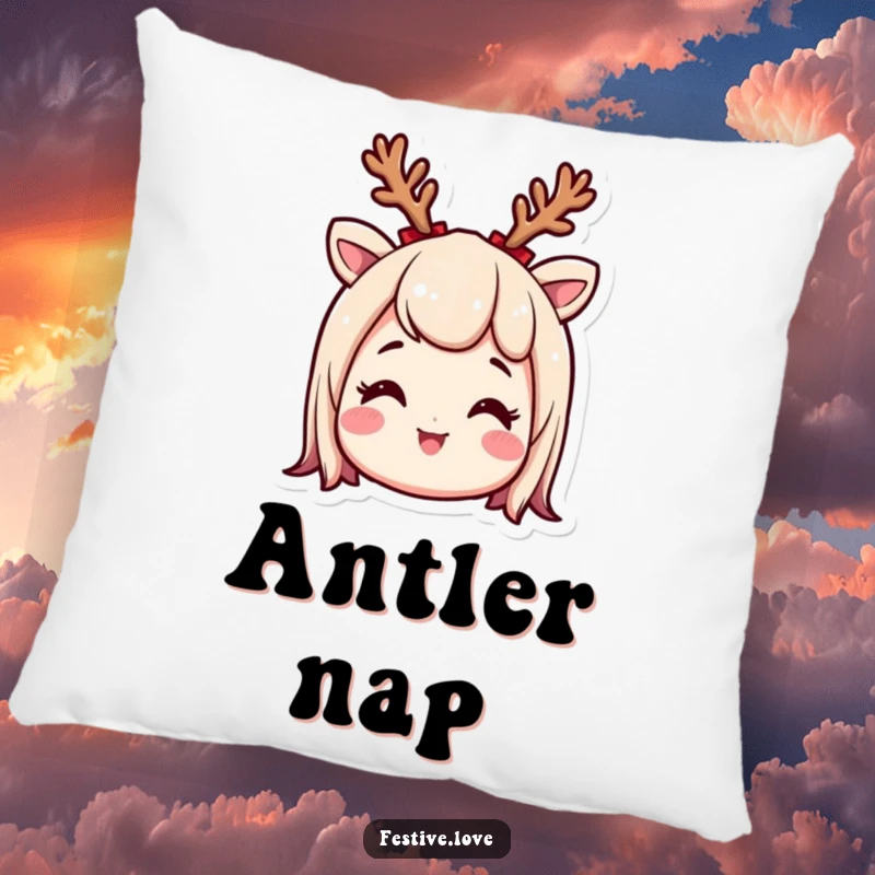 Funny, soft pillow featuring a smiling character wearing a cute reindeer antler headband, looking very excited, creating a cozy and festive atmosphere.