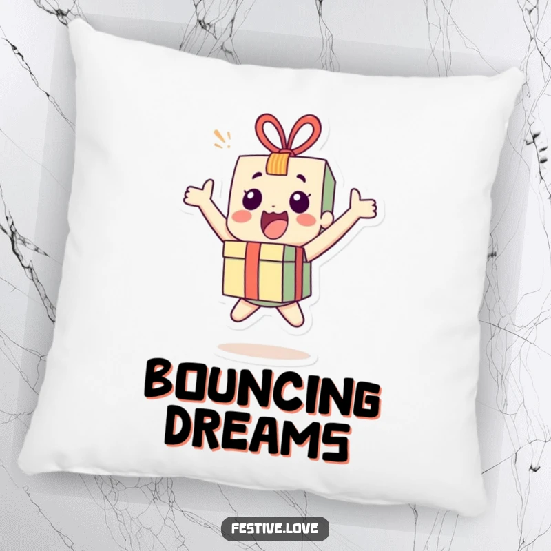 Funny little present character pillow bouncing with joy, offering cozy comfort and a vibrant, celebratory presence. Huggable excitement.