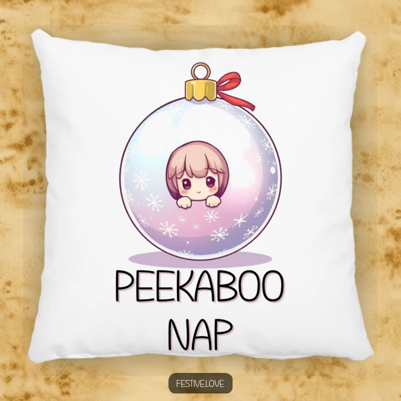Funny, plush pillow featuring a cute character peeking from a large, sparkling Christmas ornament, creating a cozy and humorous holiday atmosphere.