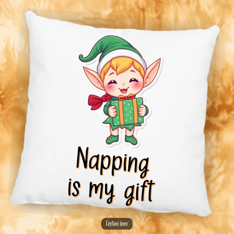 Funny pillow showcasing a joyful elf character holding a brightly wrapped gift, perfect for adding festive comfort and holiday cheer.