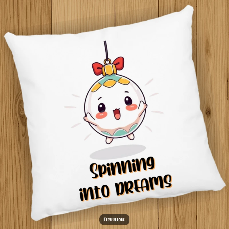 Funny pillow showcasing a surprised Christmas ornament character spinning rapidly, providing comfort and a touch of holiday excitement.