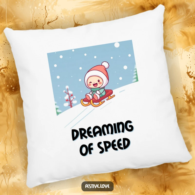 Funny, soft pillow featuring a character joyfully sledding down a snowy hill on a colorful sled, offering comfort and winter charm.