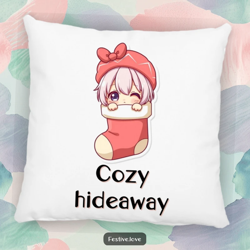 Funny pillow depicting a character playfully peeking from a Christmas stocking, adding cozy comfort and a touch of festive mischief.