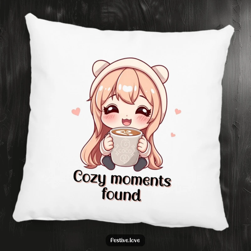 Funny pillow depicting a happy character sharing a mug of hot cocoa, adding a touch of cozy comfort and heartwarming humor.