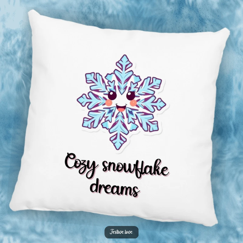 Funny pillow showcasing a delighted snowflake character with intricate patterns, spinning with pure, unadulterated winter joy.