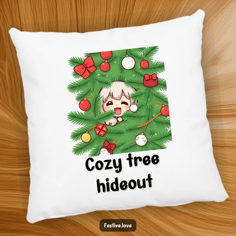 Funny pillow with a character peeking from behind a Christmas tree, adding holiday fun and comfort to any room.