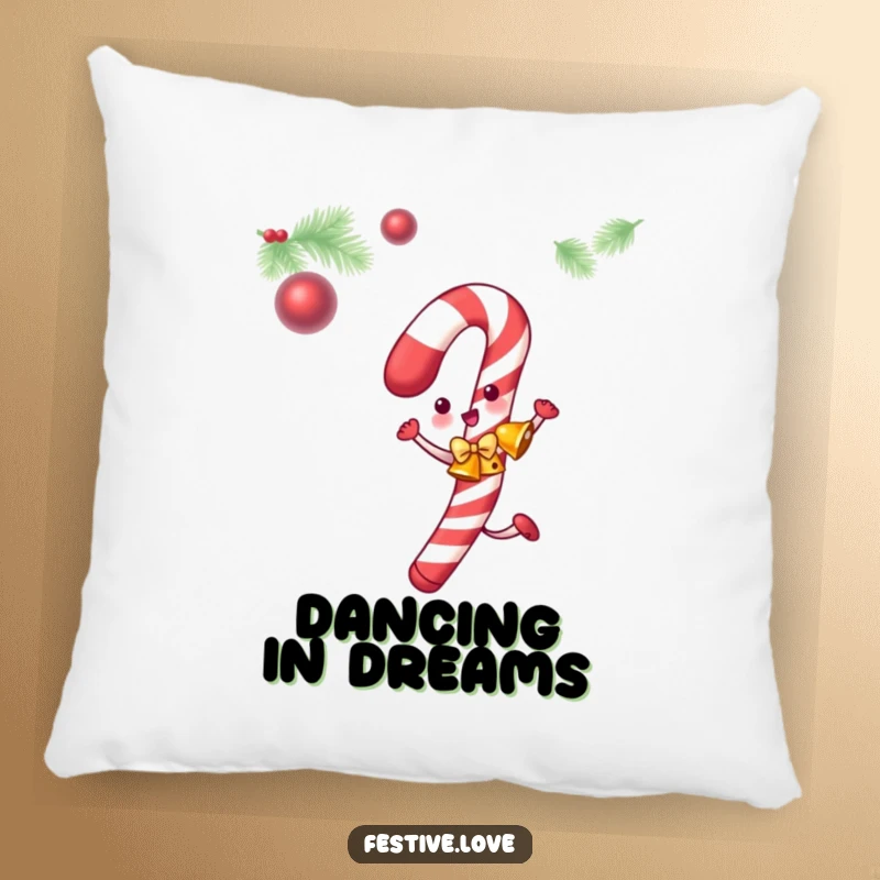 Funny candy cane pillow featuring a dancing candy cane with jingle bells, offering cozy holiday comfort.