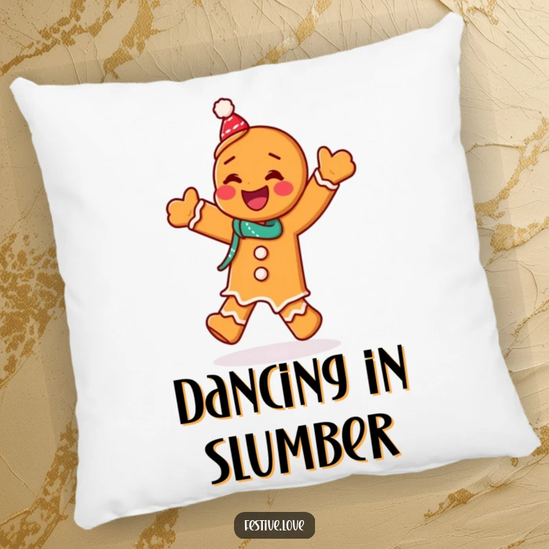 Funny pillow showcasing a giggling gingerbread man character doing a festive jig, providing comfort and holiday cheer.