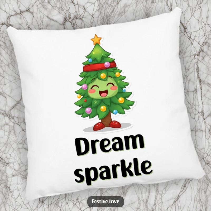 Funny Christmas tree pillow featuring a sparkling character, adding festive charm and holiday spirit to sofas.