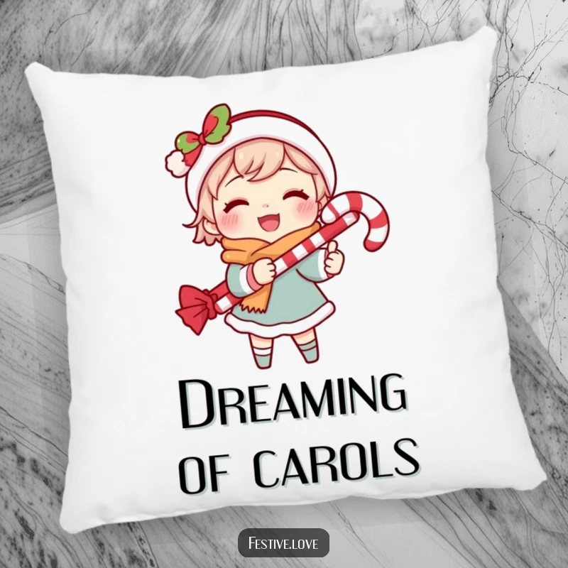 Funny pillow with a character happily caroling, a candy cane in hand, offering cozy comfort and festive humor.