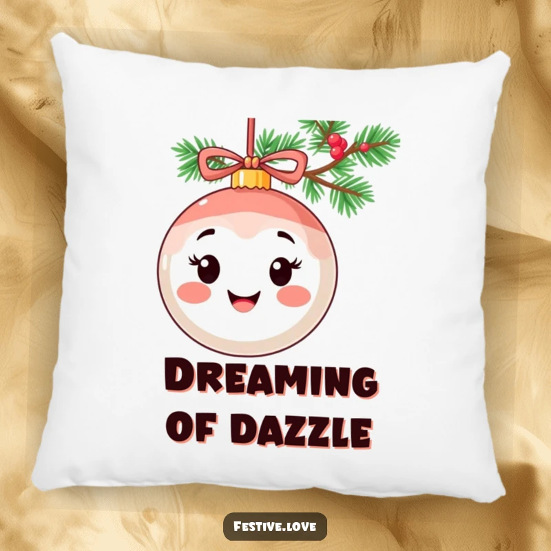 Funny pillow with a smiling ornament character, cheerful expression, hanging from a festive garland, holiday comfort.