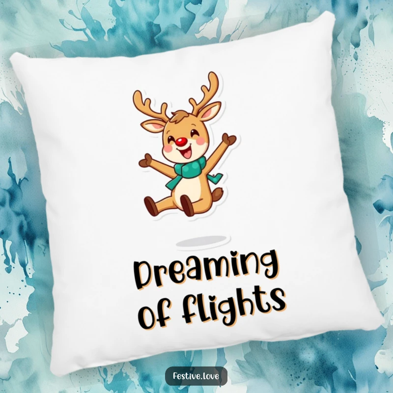 Funny pillow featuring a cheerful reindeer captured in a joyful leap, adding a touch of festive fun to any space.