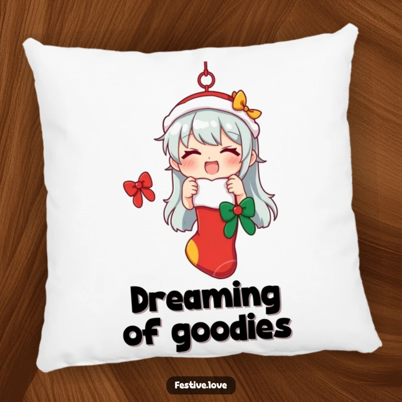 Funny pillow with a character hanging a festive stocking, adding holiday spirit and comfort to any room.