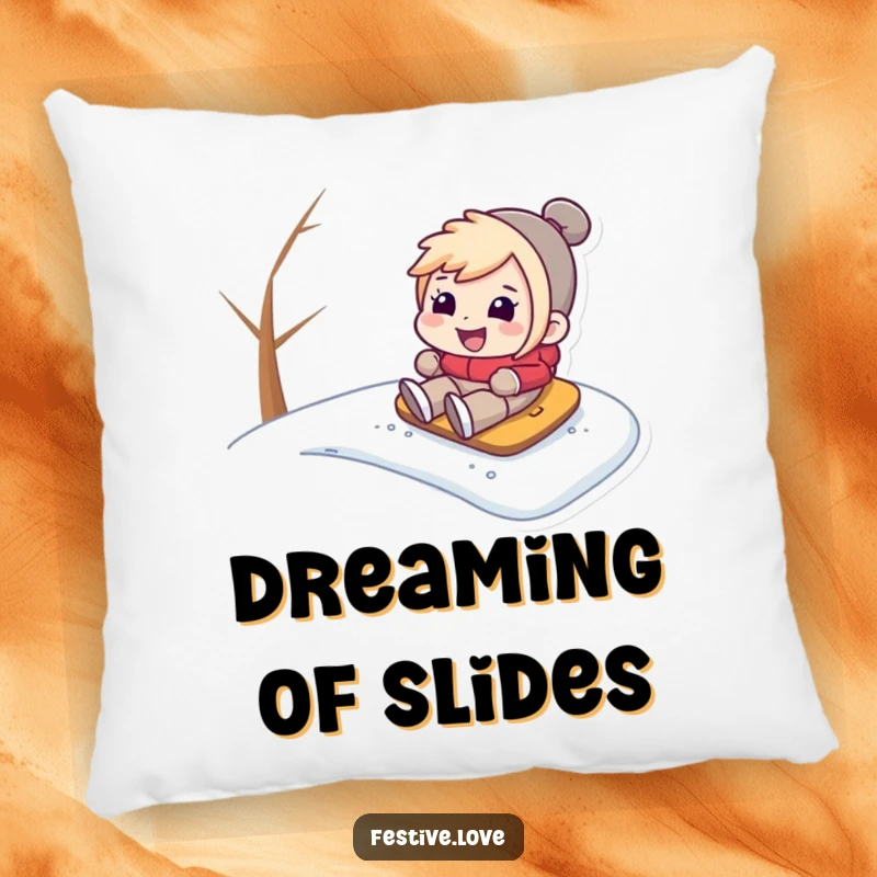 Funny pillow depicting a character with a beaming smile sledding down a snowy hill, bringing comfort and a touch of playful winter energy.