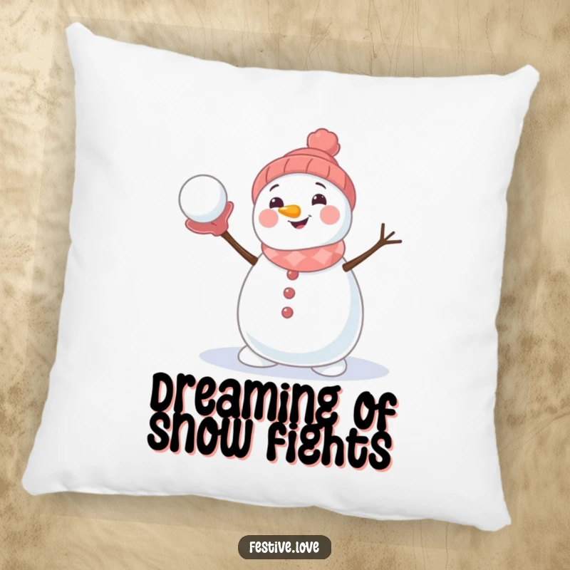Funny pillow featuring a cute, smiling snowman character in the act of throwing a snowball, providing comfort and humor.