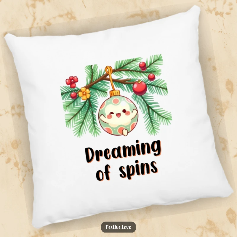 Funny pillow featuring a festive ornament character spinning joyfully on a decorated tree branch, providing comfort and holiday cheer.