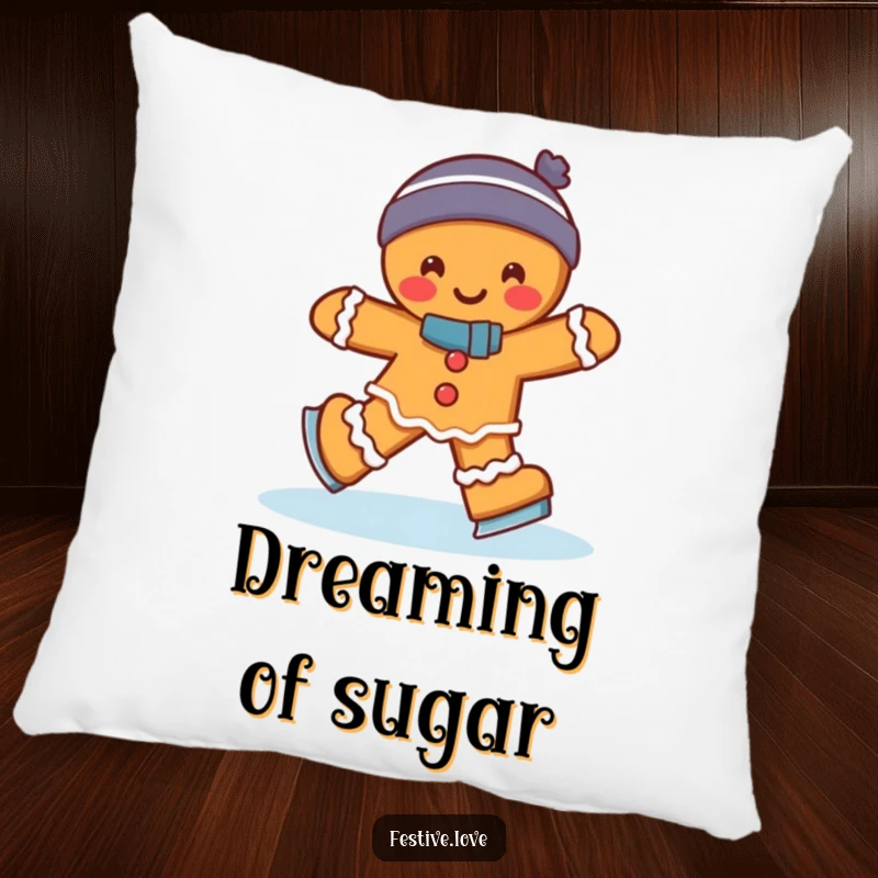 Funny gingerbread man ice skating with a cheerful wobble, depicted on a soft pillow, a humorous and comforting holiday accent.