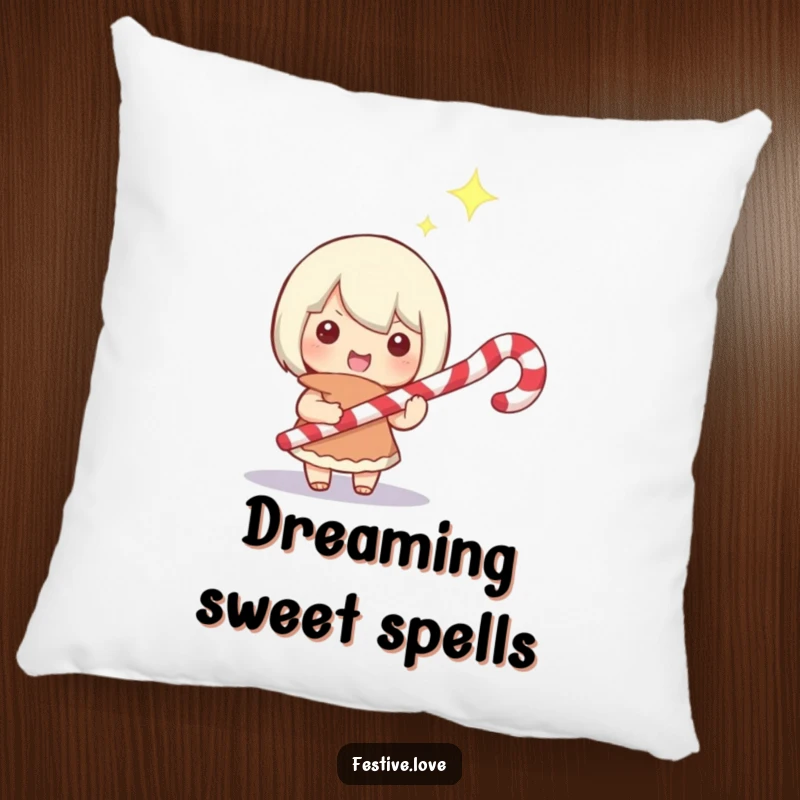 Funny, soft pillow featuring a character holding a candy cane like a magical wand, with a happy sparkle, creating a cozy, enchanted atmosphere.