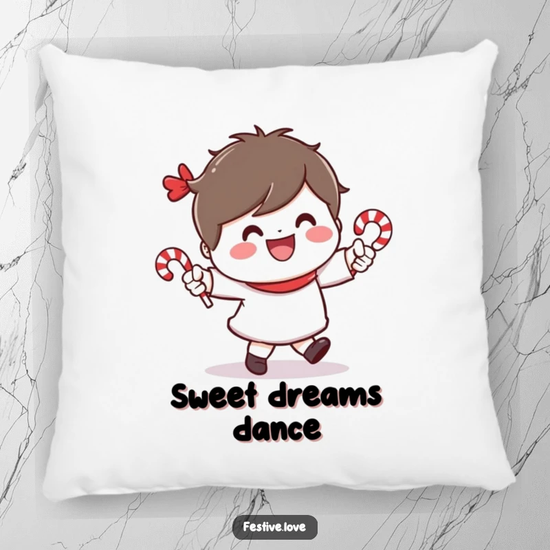 Funny pillow with a cheerful character dancing with tiny candy canes and a wide smile, perfect for comfort and festive decor.