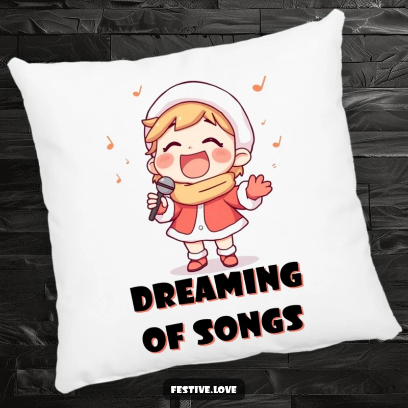 Funny pillow featuring a happy carol singer character singing with a wide smile, providing comfort and spreading holiday cheer.